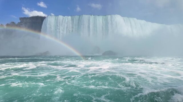View of rainbow over Niagara Falls from Niagara River