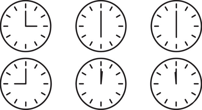 Art & Illustration, Wall clock time zones set showing different hours for global business scheduling.