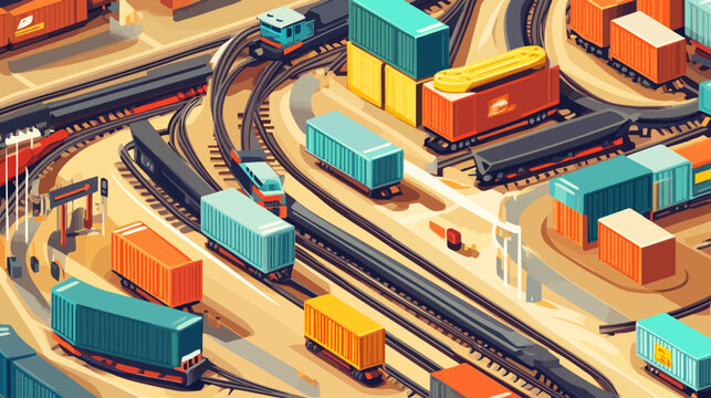 Isometric view of a cargo train yard with containers and locomotives. Stylized, modern artwork