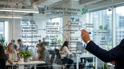 Fototapeta premium Business Person Drawing E-commerce Growth Strategy on Glass Board