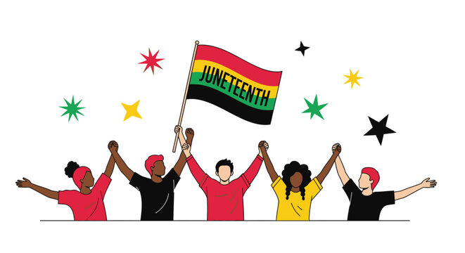Diverse group celebrates Juneteenth with flag raised and hands held high