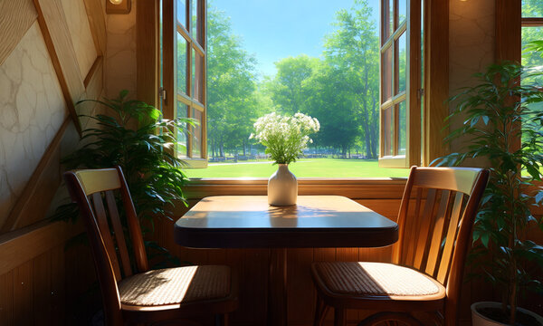 Cafeter&iacute;a rustica en verano a medio d&iacute;a, anime-style illustration
