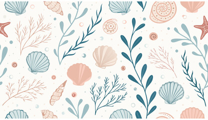 Seashells and seaweed on surface. © Gleen