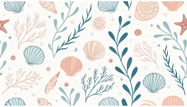 Seashells and seaweed on surface.