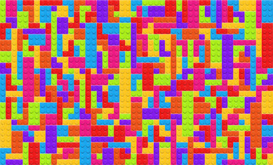 Naklejka premium Realistic multicolor Lego plastik constructor background. Play and build concept. Vector editorial illustration