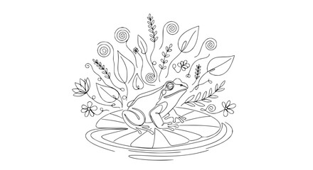 Whimsical frog on lily pad with swirling plants, line art illustration. © Hujan