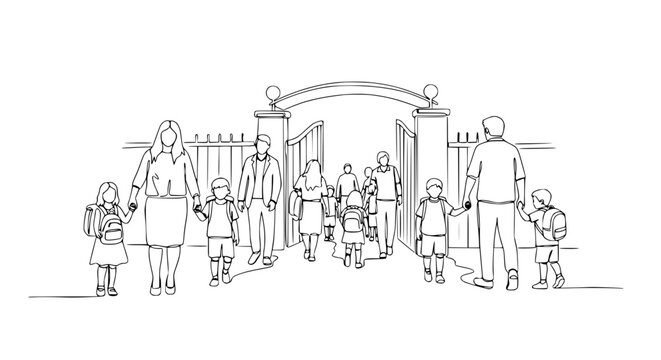 Diverse families walking through school gate with children holding hands, back to school concept