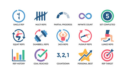 Fototapeta premium Exercise icons showing rep types and progress on white