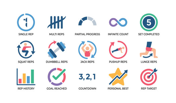 Exercise icons showing rep types and progress on white
