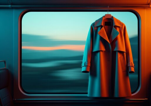 Elegant outerwear by a glass pane inside a moving train car features dramatic lighting with striking teal and orange color grading, structure, complementary colors, textile
