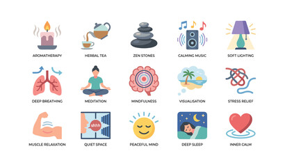 Fototapeta premium Wellness icons illustrating relaxation techniques on white background