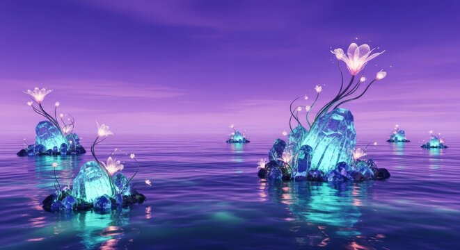 Ethereal violet skies reflect off a glowing bioluminescent ocean with floating crystalline structures and strange extraterrestrial flora, landscape, exotic, flora