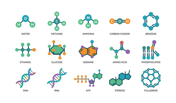 Chemical and biomolecule icons arranged in a grid on white background
