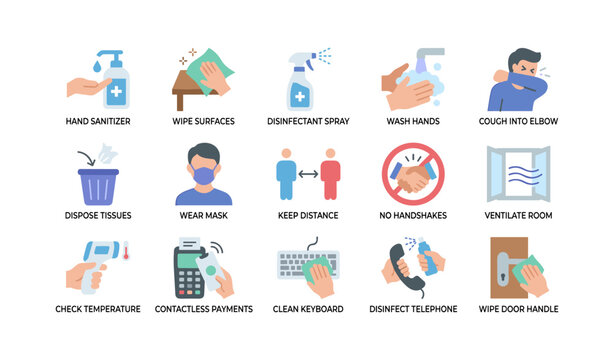 Hygiene and disinfection practice icons displayed on white background