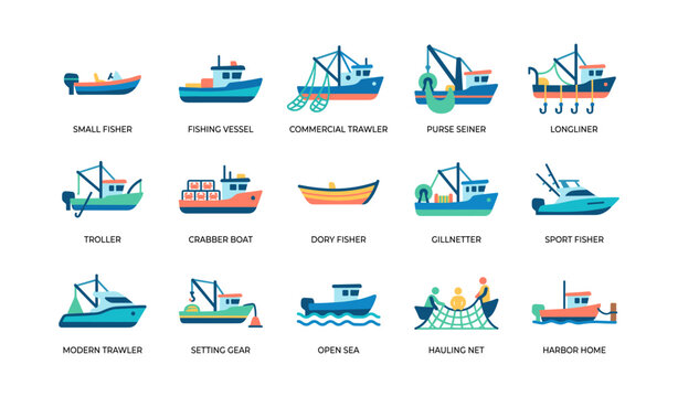 Various fishing vessels and activities illustrated in grid