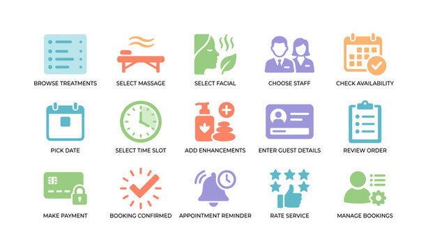 Spa booking icons and appointment steps on white background