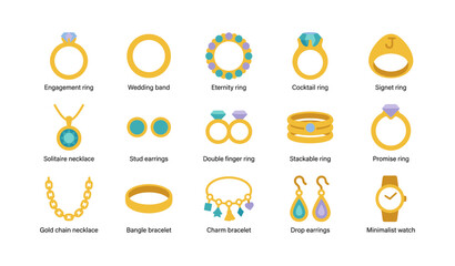Fototapeta premium Jewelry icons arranged in grid on white presentation background