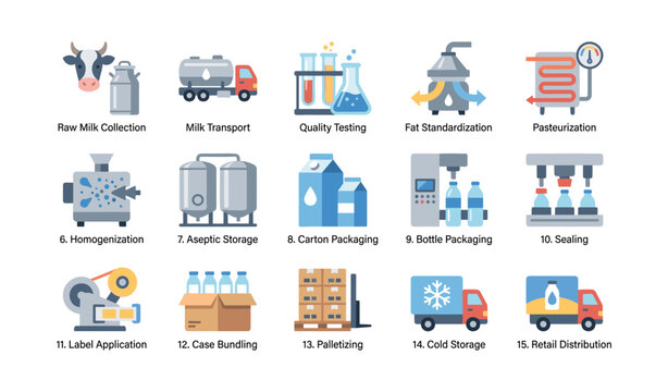 Milk production process icons illustrating factory stages grid