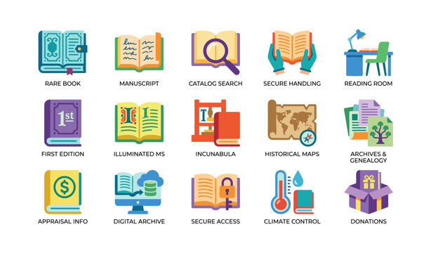 Library special collection icons showing rare books and services on white