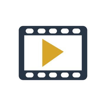Media player icon with gold play button on film strip, flat multimedia illustration