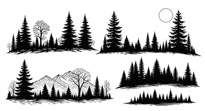 Set of diverse forest and pine tree silhouettes in a hand-drawn vintage style, ideal for nature-themed graphic design elements