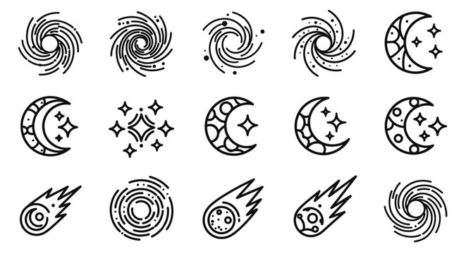 Celestial Space Astronomy Icons Set. Galaxy, Moon, Stars, and Comet Line Art Collection for Science and Universe Designs.