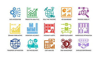 Obraz premium Logistics and analytics icon set arranged on white background