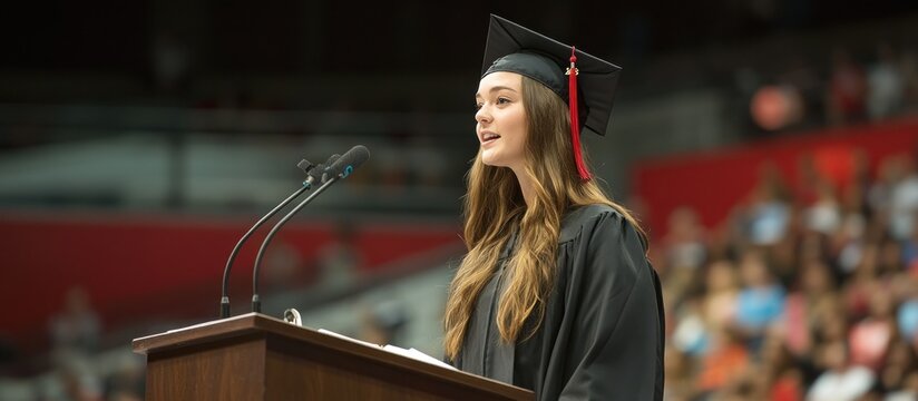 Young female graduate in cap and gown giving a speech at a graduation ceremony
