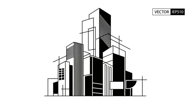 Modern Abstract City Skyline Vector Illustration. Geometric Architectural Buildings, Urban Constructivist Design in Black and White.