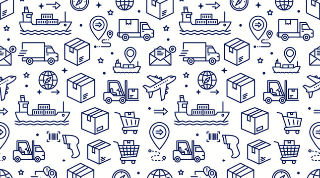 Seamless pattern with navy logistics transport, cargo ships, and scanners, ideal for shipping textures, vector.