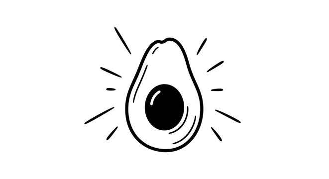 Hand-drawn avocado half with pit and radiating lines, simple outline vector illustration, fresh healthy food icon