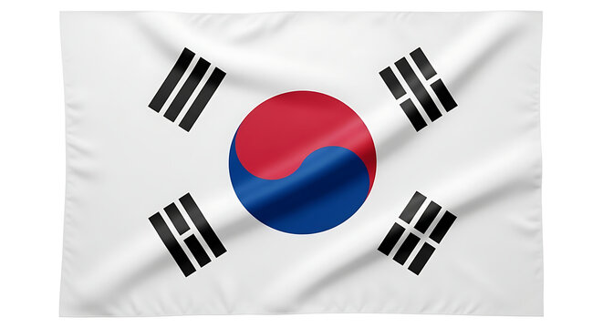 Waving South Korean flag with Taegeuk symbol and trigrams on white background, patriotic fabric texture