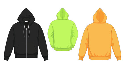 Three Hoodies: Black Zip-Up, Neon Green, and Orange Pullover © Kali