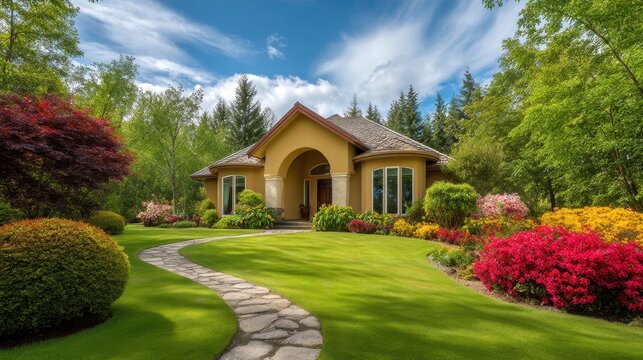 Charming suburban home with landscaped garden featuring colorful flowers and lush greenery under a bright blue sky in a serene environment