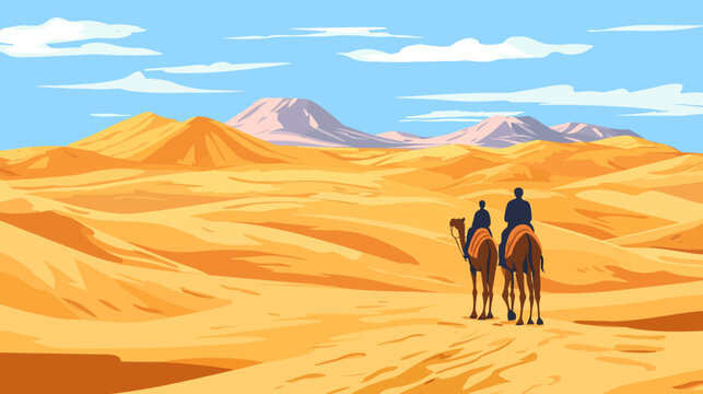 Pixelated desert scene with two people riding camels in a vast, orange landscape under a blue sky