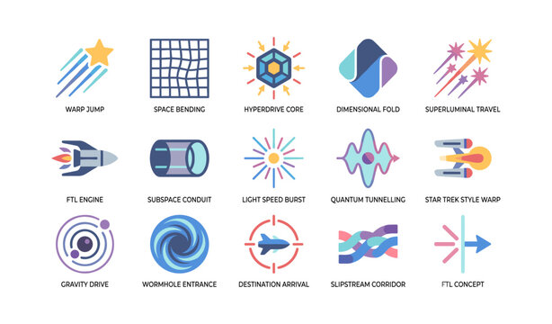 Faster than light and space travel icons on white grid
