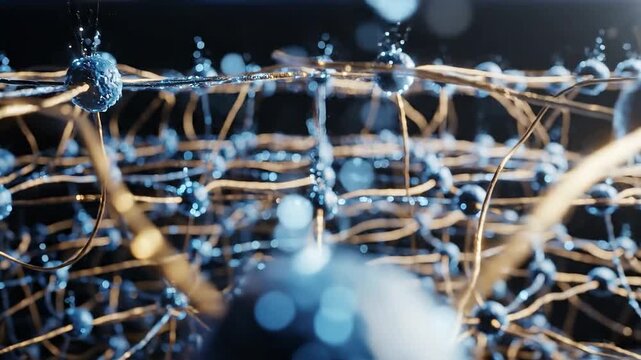 A detailed view of a microscopic neural network with glowing connections and nodes