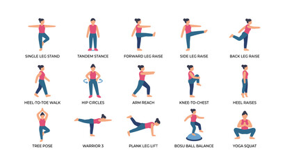 Fototapeta premium Balance and mobility exercise icons showing various standing poses