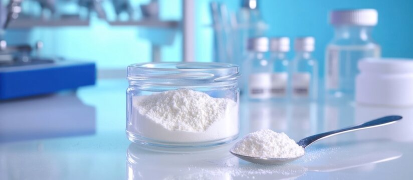 White Powder in Glass Jar and Spoon on Lab Counter with Blurred Vials and Bottles