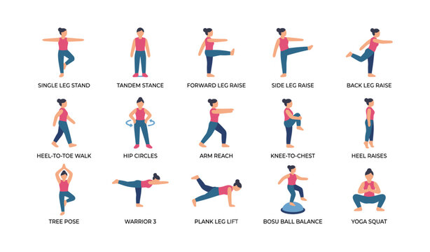 Balance and mobility exercise icons showing various standing poses