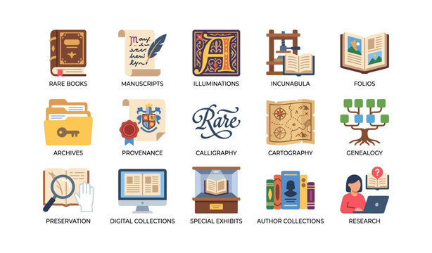 Library and archives icons showing rare books and collections on white