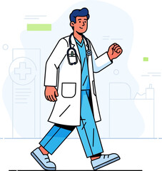 Obraz premium Male doctor walking in white lab coat and blue scrubs with stethoscope.