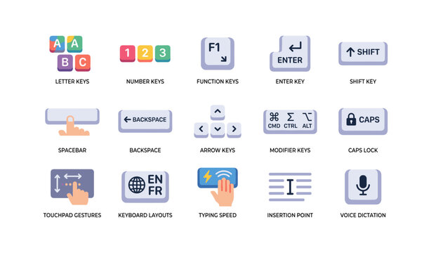 Keyboard keys and input controls for typing and navigation