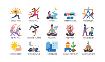Fototapeta premium Yoga class icons showing different practice types on white background