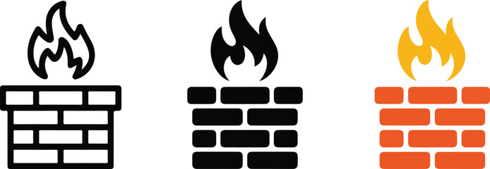 Set of firewall network security icons featuring brick wall and flame symbols representing internet safety data protection and cyber security defense systems. © Sonaton
