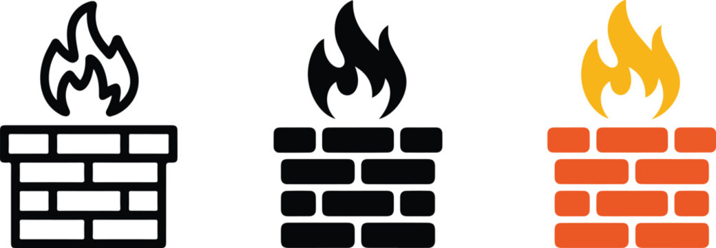 Set of firewall network security icons featuring brick wall and flame symbols representing internet safety data protection and cyber security defense systems.