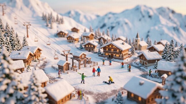 Tilt shift view of a snowy alpine ski village with chalet, chairlift, pine, church and tiny figures in a cozy winter resort landscape.