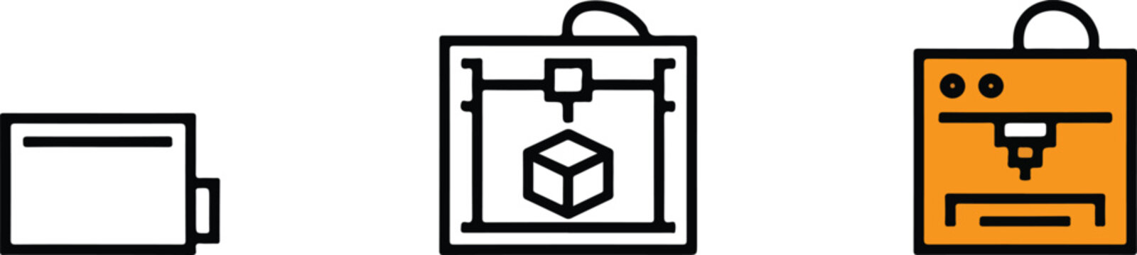 Set of three dimensional printing machine icons representing additive manufacturing rapid prototyping and industrial tech innovation for modern engineering projects.