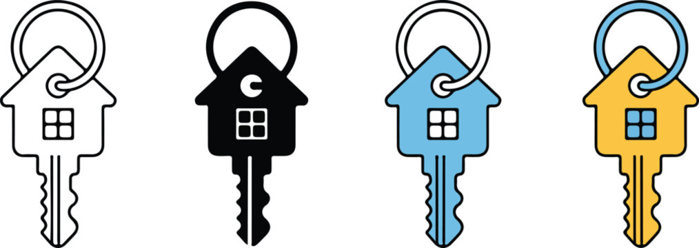 Set of house key icons in various styles representing real estate mortgage home ownership security and residential property sales for commercial business.