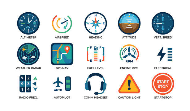 Aircraft cockpit instrument icons showing system gauges grid